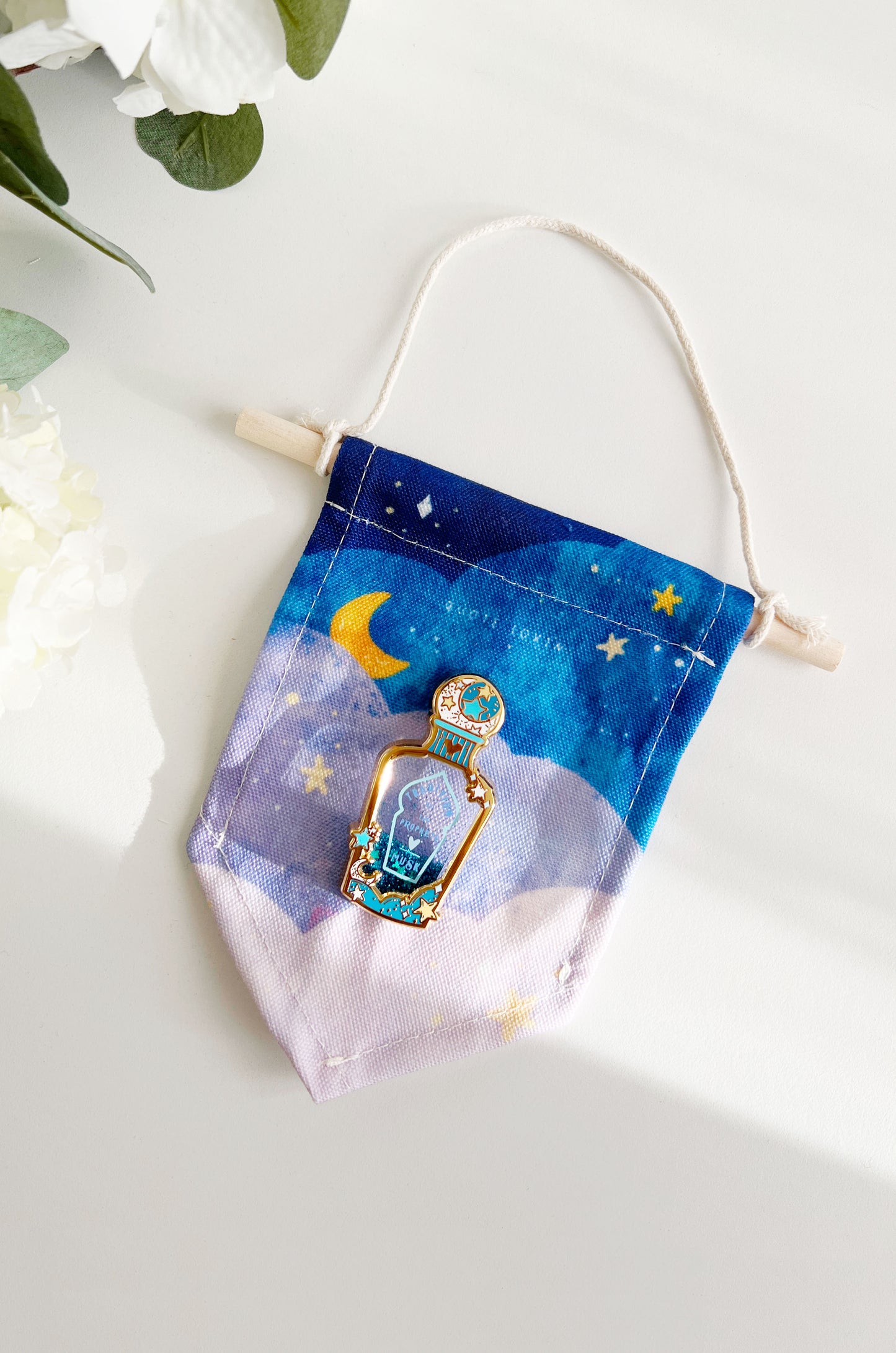 Two item bundle - Glitter Liquid pin with display banner & enamel pin