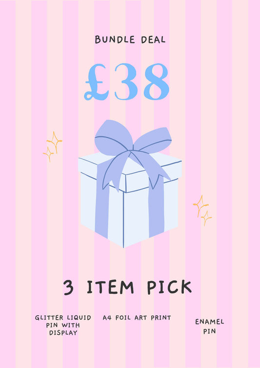 Three item bundle - Glitter liquid pin, A4 art print & enamel pin